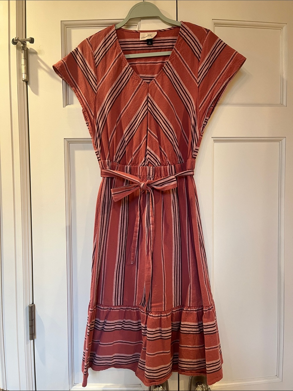 Universal Thread Rust-Striped V-Neck Midi Dress with Self-Tie Belt